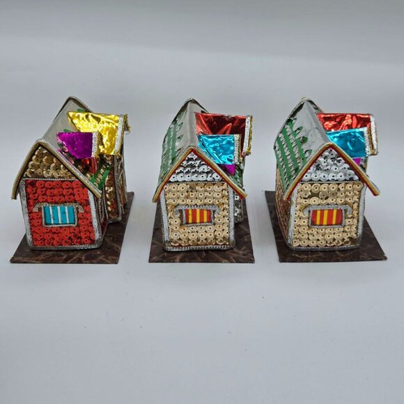 Lot of 5 Vintage The Bombay Company Christmas Putz Sequin Trinket Box Houses - Picture 13 of 16